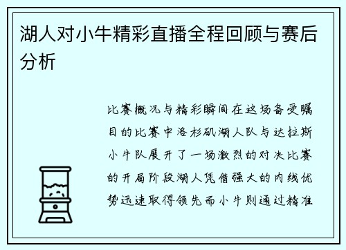 湖人对小牛精彩直播全程回顾与赛后分析